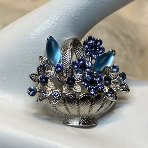 Vintage Silver Tone Blue Rhinestone Flower Basket Brooch Moonstone Cabochon Pin